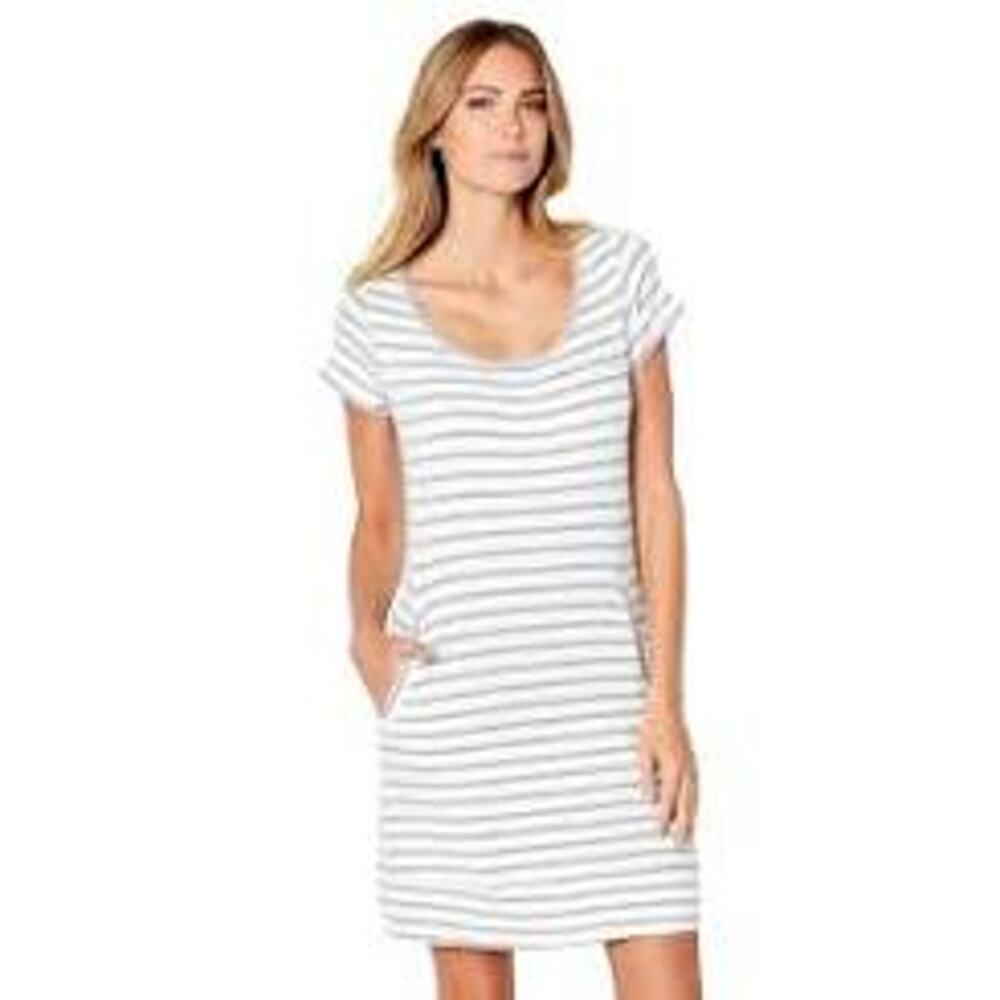 B Up MALIBU SHORT SLEEVE LOUNGE DRESS Gray White Stripe S Lounge Minimalist